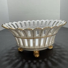 Rare Vtg Oval Riticulated Porcelain Lattice Bowl Gold Gilt Old Paris Style #6703