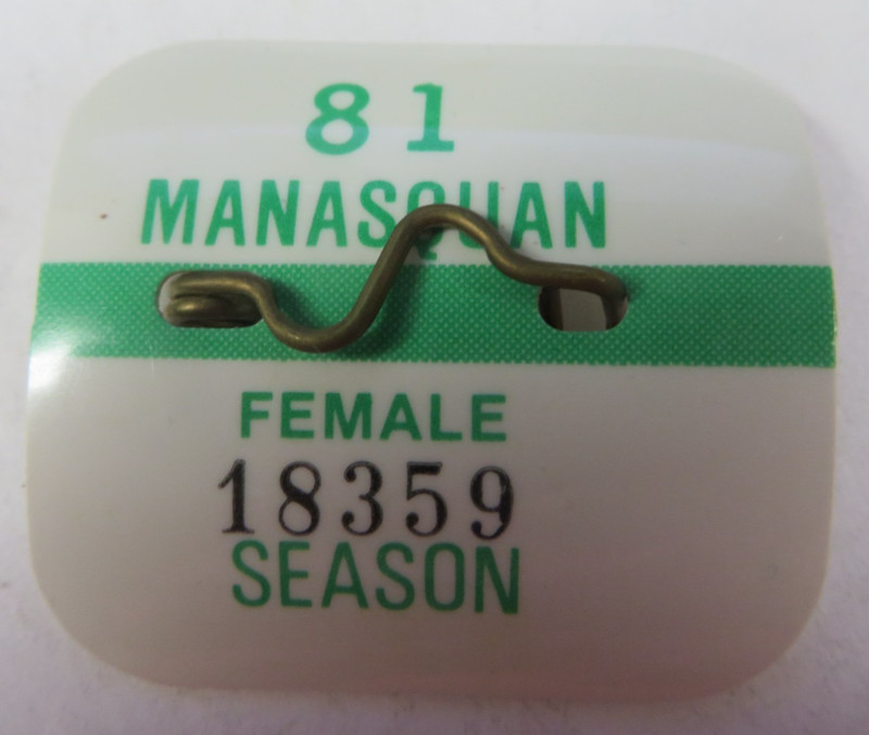 Vintage 1981 MANASQUAN New Jersey Beach Tag Metal Badge Female Season