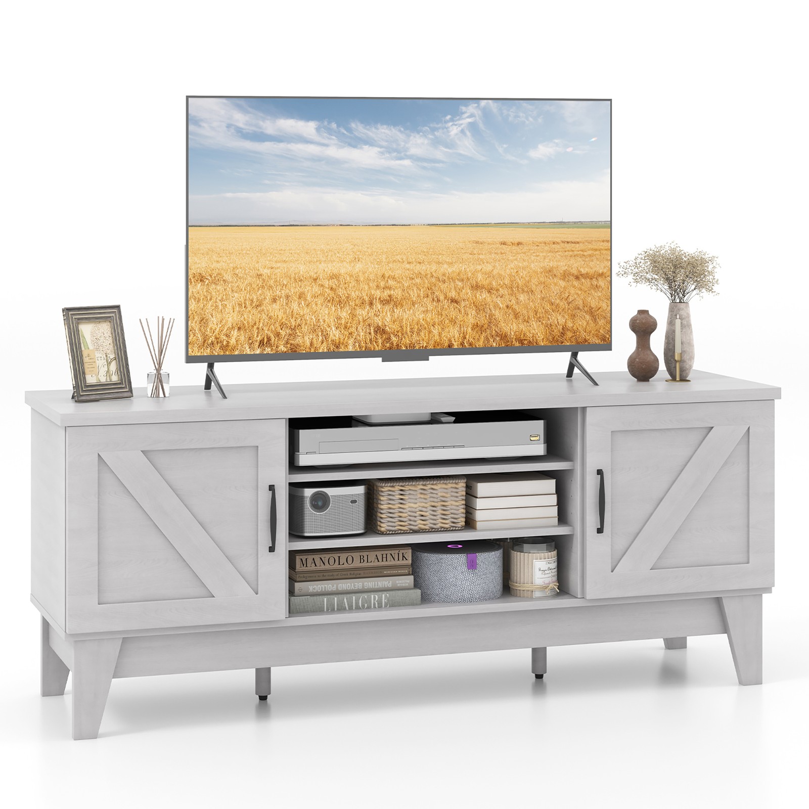 Farmhouse TV Stand for TVs Up to 65 Inches w/ 2 Barn Door Ca