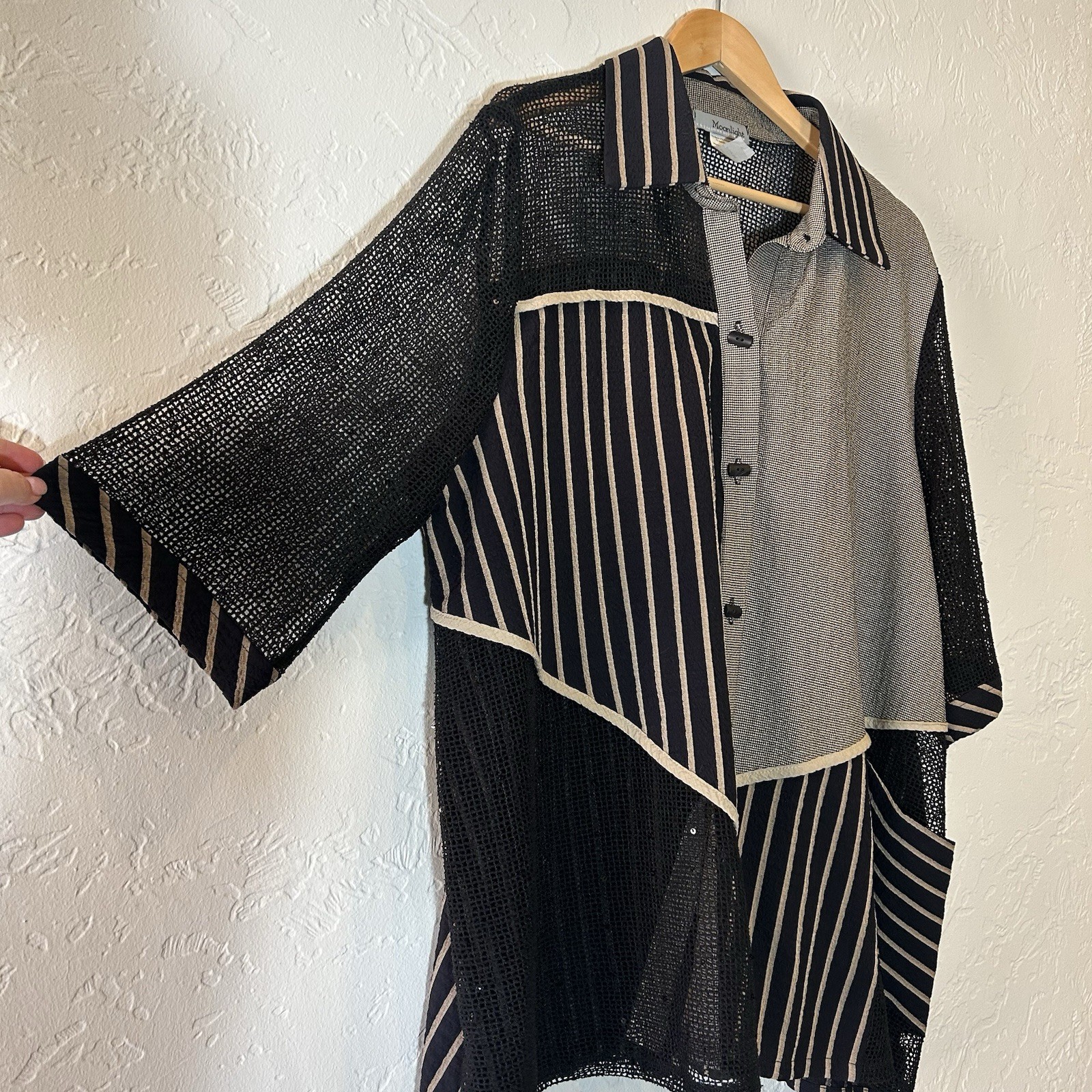 Moonlight XL Mesh Patchwork Button Front Top Blac… - image 6