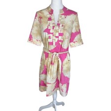 Etcetera Pink Tan Tie Dye Floral Woven Bib Shift Dress with Belt Pockets Size 6
