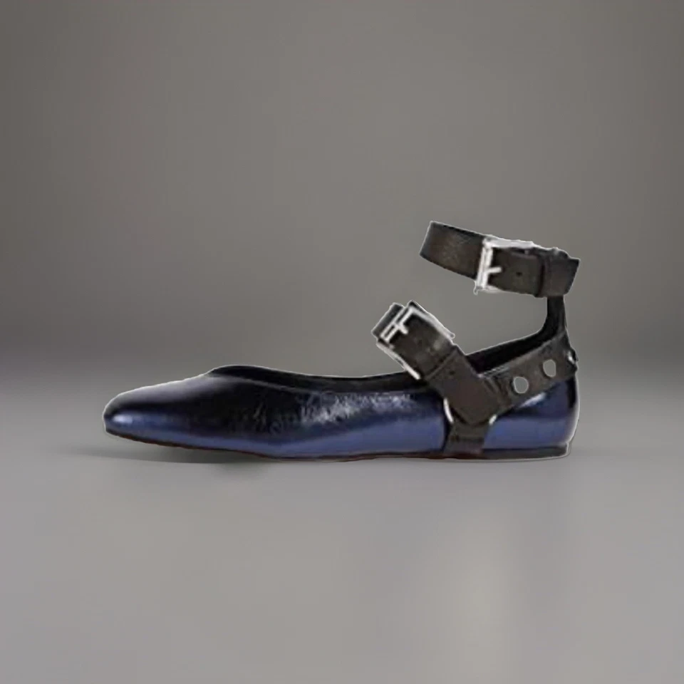 全新 Rebecca Minkoff Vivica 金属色海军蓝皮革耳钉 踝带 芭蕾 150 美元 — 第 2/4 张图片