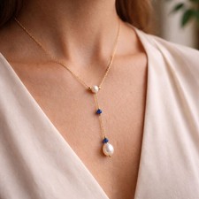 Gold Y Pearl Necklace Blue Bead Lariat Drop Pendant