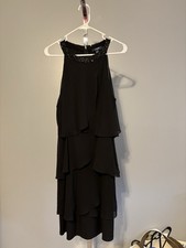 Chaps black dress soft layers over sheath dress beaded neck line sleeveless 16