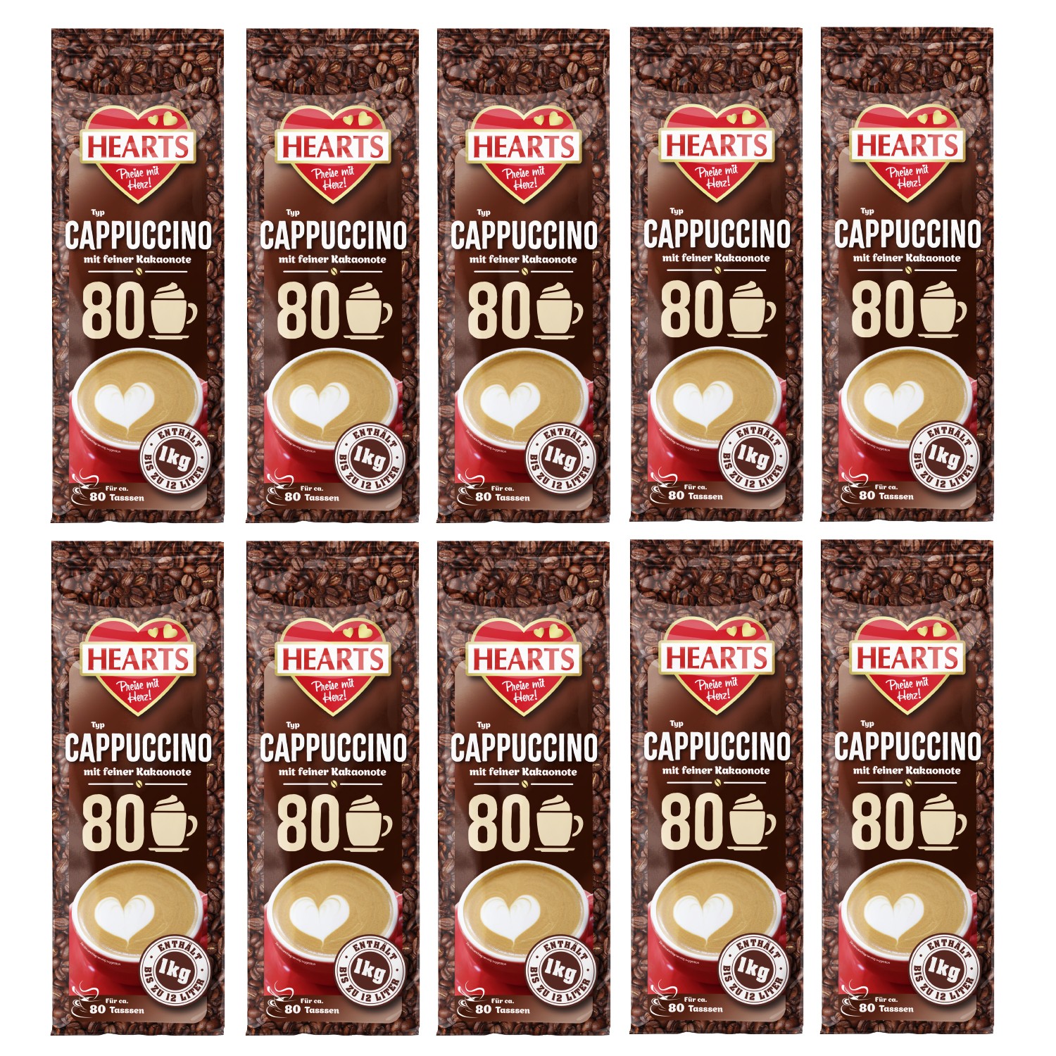 HEARTS Cappuccino mit feiner Kakaonote 10 x 1kg Instant Kaffee Pulver mit Schoko