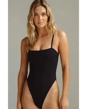 Privacy Please Bodysuit Women XS Black Ribbed Knit Square Neck Adjustable Straps