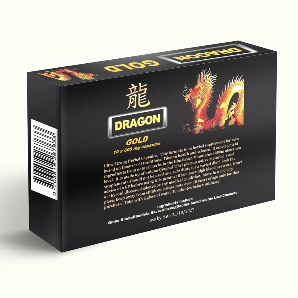 DRAGON GOLD Male Food Supplement 600mg x 10 Herbal Capsules/Pills - Image 2 of 2