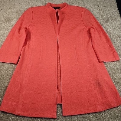 Misook Cardigan Jacket Women PS Coral Pink Diamond Geometric Knit Open Front