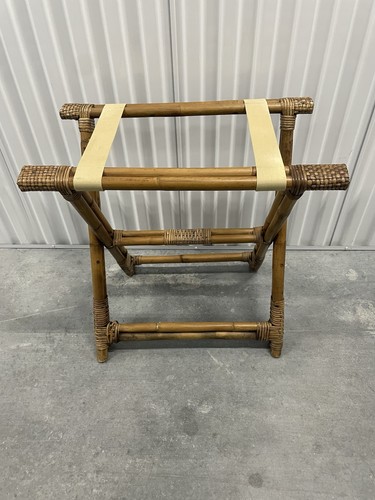 VTG Rattan Bamboo Folding Luggage Rack Suitcase Stand MCM Boho Coastal