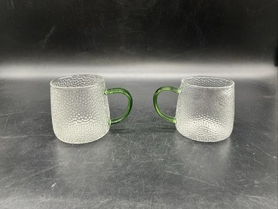 2 Diss man Hammered Textur Clear Glass Coffee Mugs W/ Green Handles 3 1/4  T