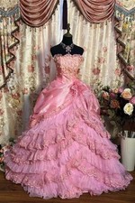 Victorian Sheath Prom Dress Pink Fantasy 3D Floral Appliques Lace Pleated Gown