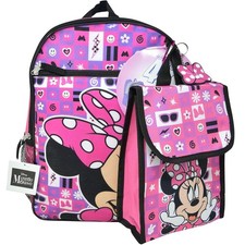 Walt Disney Minnie Mouse 16" Pink Nylon Backpack with Lunch Bag set for Girls 3 