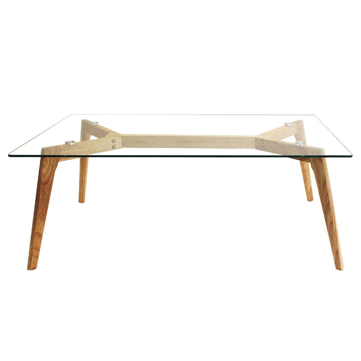 Table basse verre et bois Polax 110cm transparente pour apéritifs conviviaux entre amis