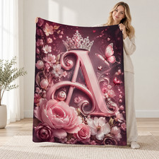 Romantic Crowned Floral Initial Coral Fleece Blanket