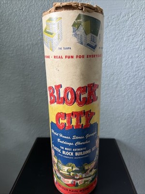 Block city, 1950 Plastic building blocks set in canister # B 500 280 pieces