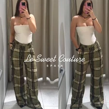 ZARA WOMAN SS25 CHECKERED LINEN BLEND TROUSERS ZW COLLECTION GREEN 8371/029/500