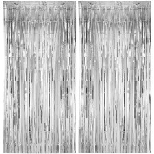 2 Pack Silver Foil Fringe Backdrop Curtains, Tinsel Streamers, Party Decor