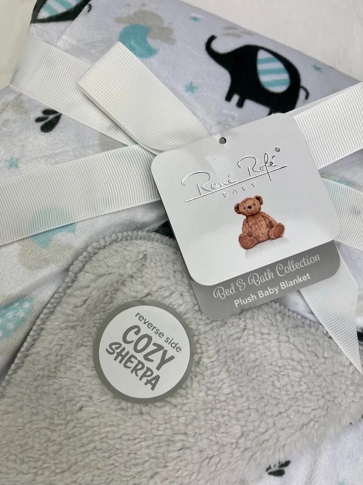 Manta bebé elefante blanco Rene Rofe felpa Sherpa Bon Bebe gris estrella azul nueva con etiquetas Foto 2 de 3