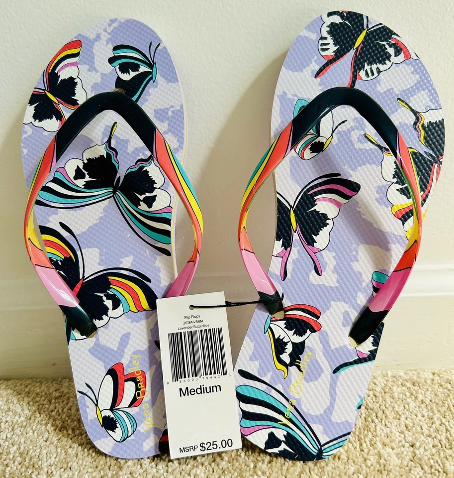 Chanclas Vera Bradley Lavanda Mariposas Medianas 7/8 Nuevas con Etiqueta Nuevas en Paquete Nuevas en Caja Foto 2 de 3