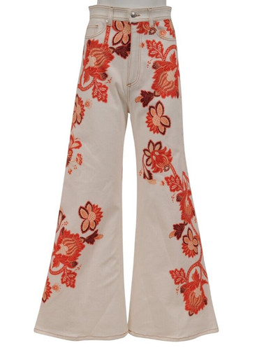 Etro Women Paisely Print Floral Bandana Jeans US 28 White Wide Leg Denim Flare