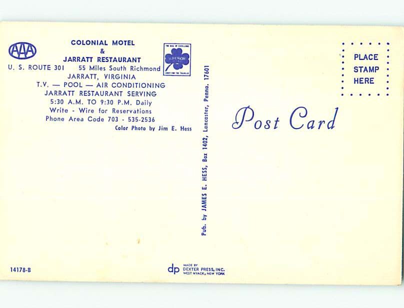 Unused Pre1980 OLD CARS & COLONIAL MOTEL & RESTAURANT Jarratt VA u1481