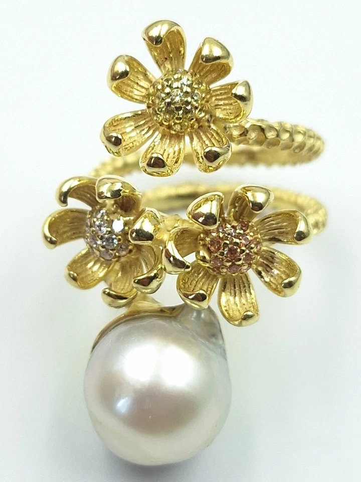 ANELLO ARGENTO 925 DORATO SMERALDI E PERLE NATURALI  REGOLABILE  DONNA ORO  - Immagine 2 di 4