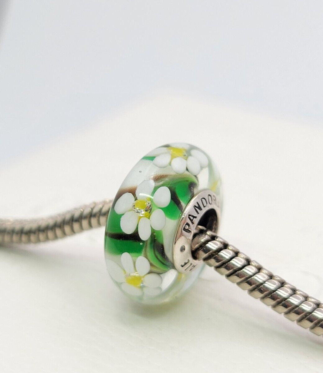 Authentic Pandora garden floral Green WILD FLOWERS Murano Glass CZ Charm