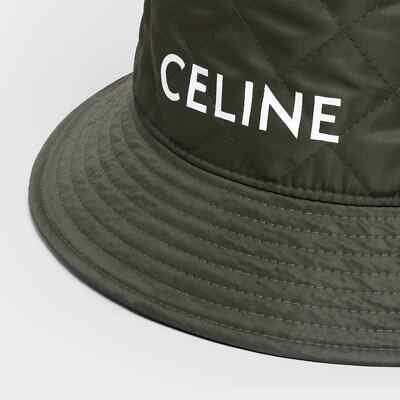 Celine Dark Green Orange Quilted Polyester Logo Bucket Hat Size M Celine Paris Green Quilted White Logo Nylon Twill Orange Sun  main image 3