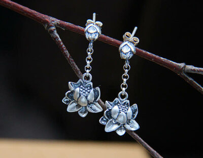 B25 Earrings Lotus Flower Fine Silver 999