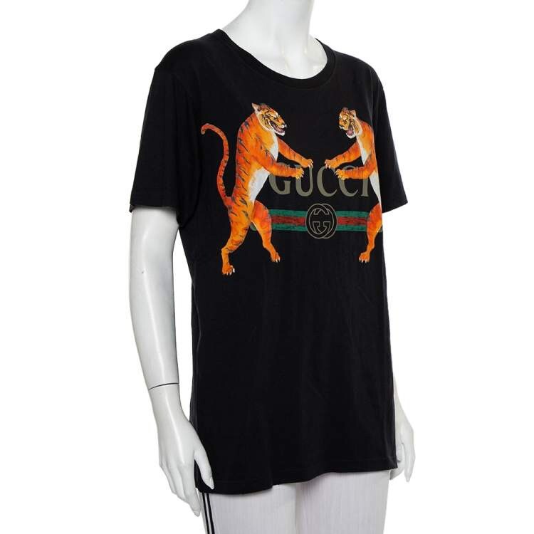 Gucci Black Cotton Tiger Logo Printed Crewneck T-Shirt S | eBay