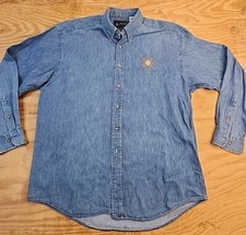 Vintage Saint Andrews Logo Blue Denim USA Made Long Sleeve Shirt Mens Large
