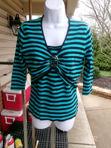 NWT BISOU BISOU TURQUOISE &BLACK STRIPED SWEATER L