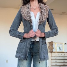 Vintage Y2k Roxy 100% Cotton Cargo Style Coat With Faux Fur Collar S