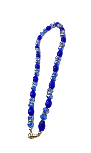 Cobalt Blue Faceted Crystal Glass Rhinestone Accents Choker Beaded Necklace 21" - Picture 15 of 24