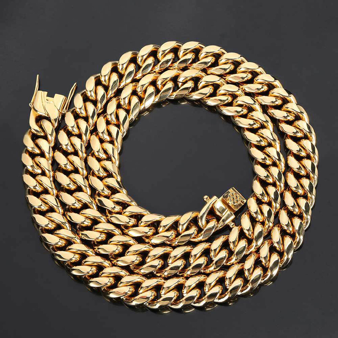 Fashion 14mm Mens Miami Cuban Link Chain 18K Gold 316L