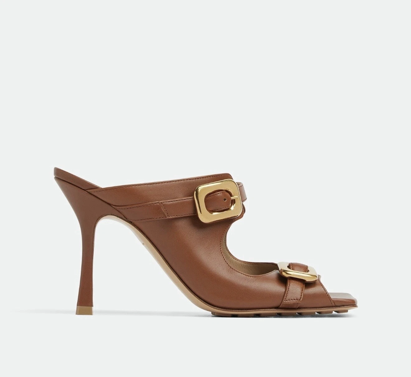 Bottega Veneta — Bottega Veneta Leather Dual-Buckle Stiletto Mules, Caramel color, Size 38 IT
