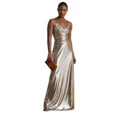NEW Lauren by Ralph Lauren Pleated Metallic Chiffon Gown SZ 12 Retail 295