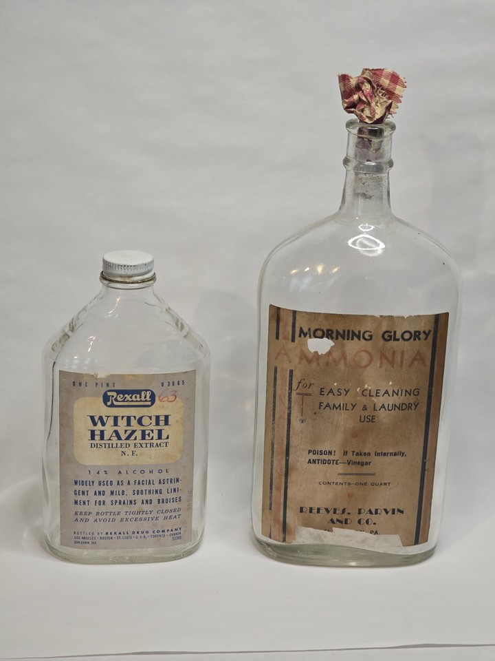 Branded Rexall drugstore bottles with original Witch Hazel and Morning Glory Ammonia labels intact — rare named-brand apothecary history you can display.