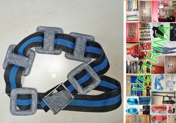 CINTURA DA PESCA Da SUB, in nylon, cm 123 circa, completa con 4 PIOMBI, e altro