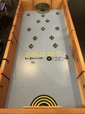 Vintage Skittles Kik-It Carrom Game Wooden Bowling Set w/ Box Complete