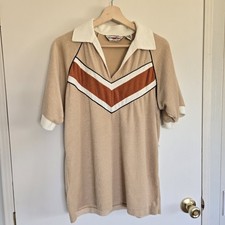 Vintage Tan Polo Terry Cloth Style Shirt with Chevron Design Men's S