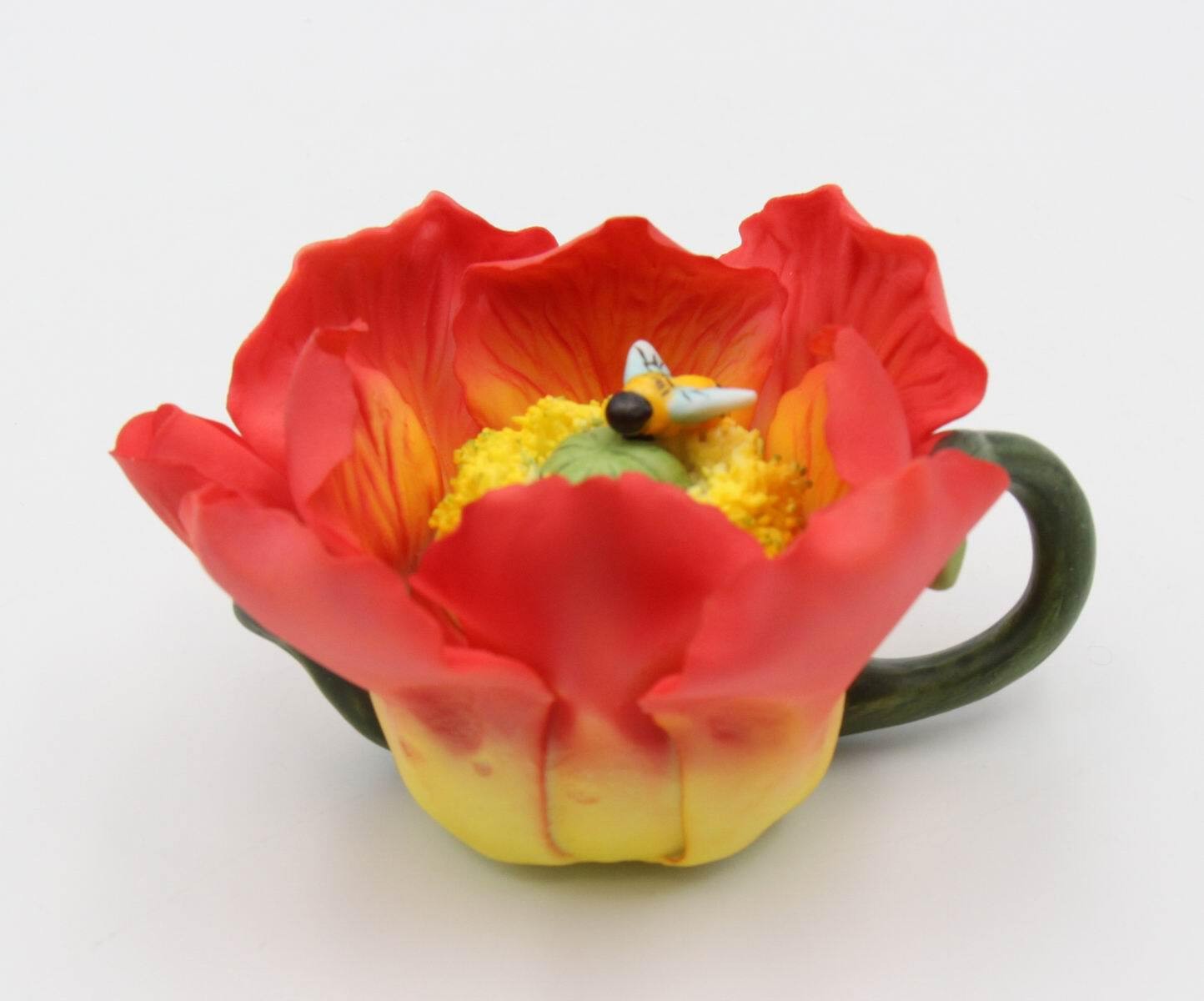 Mini Ceramic Poppy Flower with Bee Teapot Figurine, Gift for Her, Gift for Mom,