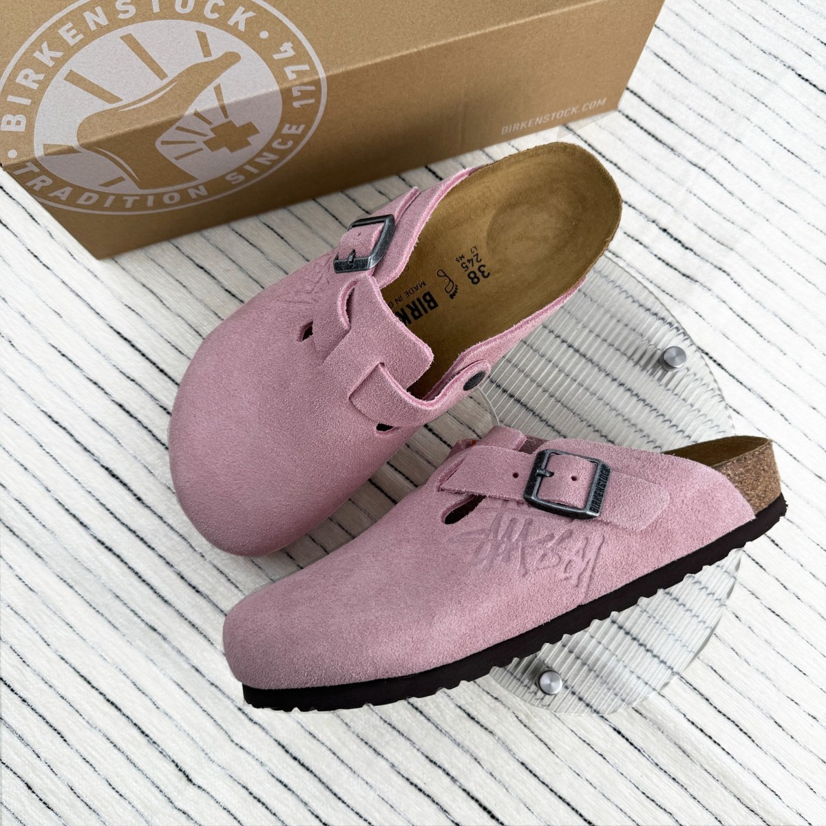 New Stussy x BIRKENSTOCK Boston pink Suede Leather woman s shoes