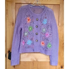 Hand Knit Mohair Blend Lavender Purple Cardigan MEDIUM Floral Embroidered Girly