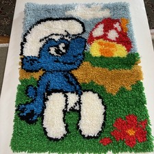 SMURFs 80's Vintage Latch Hook Rug Mushroom House, Flower, handmade Craft 18x24