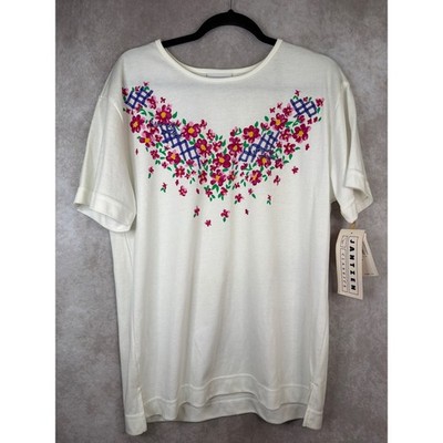 NWT VTG 90s Jantzen Classics T-Shirt Womens Large Cream Floral Trellis USA