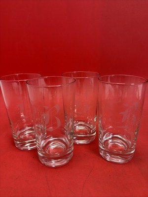 Clear Glass Etched Monogram ''B'' Water Tumblers SET OF FOUR (4) 5'' Tall