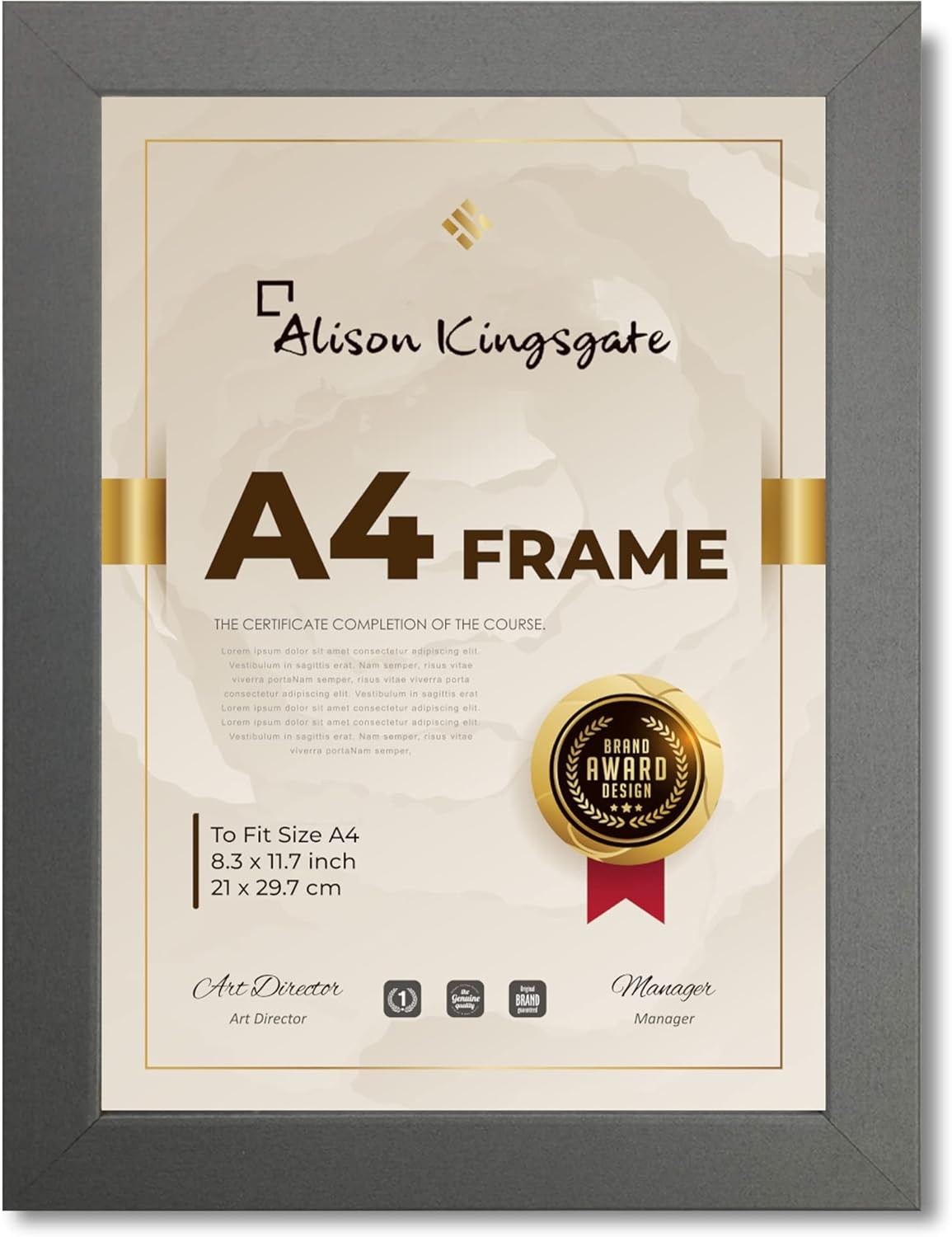 Alison Kingsgate A4 Frame Grey in Size 29.7 x 21cm Use for Certificate Grey Fra