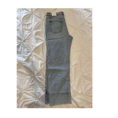 LOFT Women's Straight High Rise Jeans Light Blue Button Zip Pockets Raw Hem