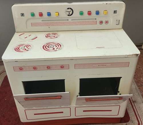 Vintage 1950’s WOLVERINE Tin Lithograph Toy Stove Oven Range Kitchen Red White - Picture 2 of 3